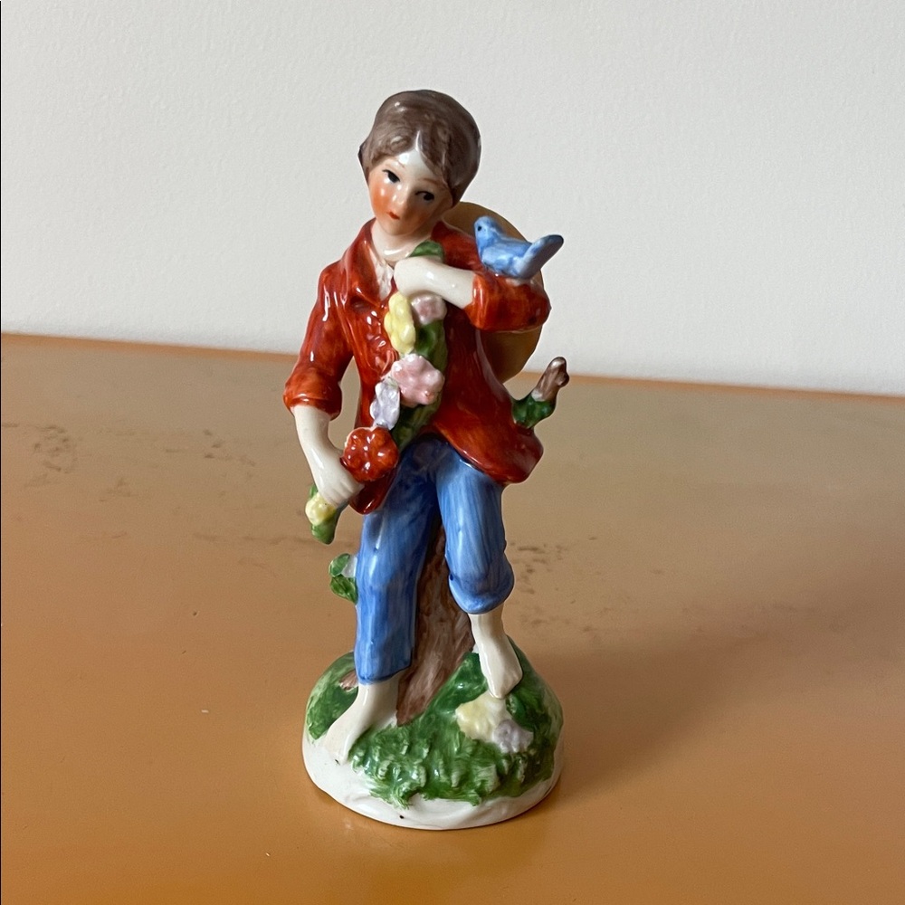 Vintage Charming Porcelain Figurine with Blue Bird and Flowers